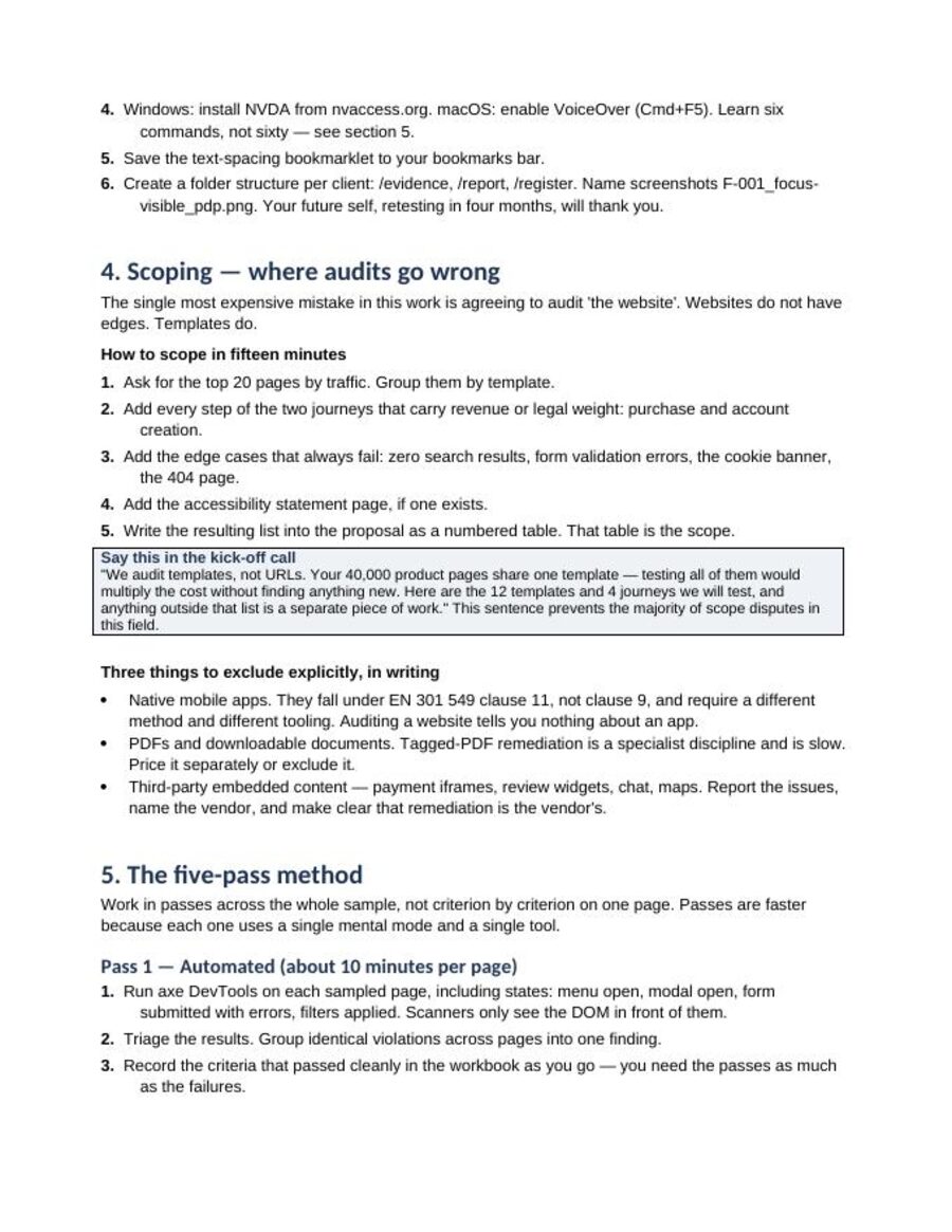A page from the Auditor's Field Guide showing the scoping section and the start of the five-pass method, with numbered steps and a highlighted kick-off call script.