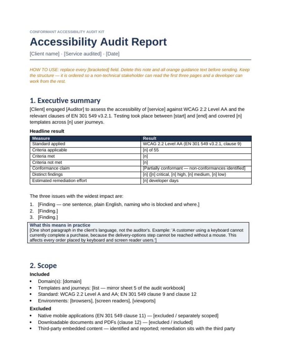 The first page of the client audit report template, showing the executive summary, a headline results table and a callout explaining impact in plain language.